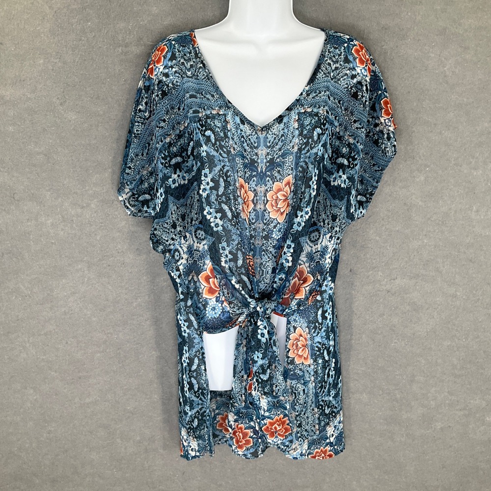 One World Top Women's XL Blue Floral Paisley Tie Front Sheer  Vacation Travel‎